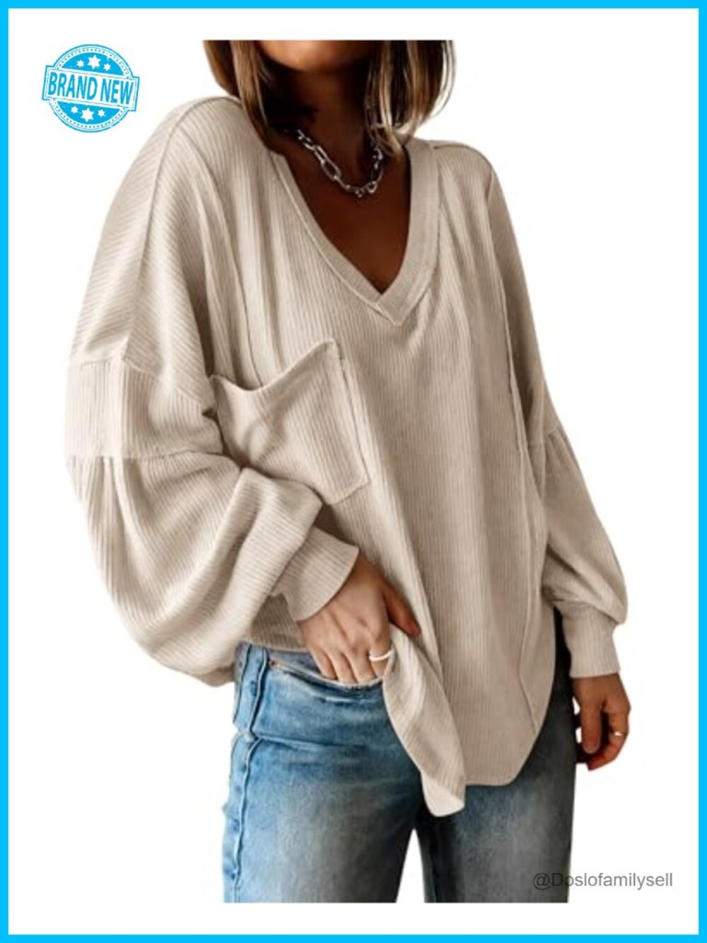 Women's Ribbed Long Sleeve Tunic Top V-Neck Oversized Pullover
